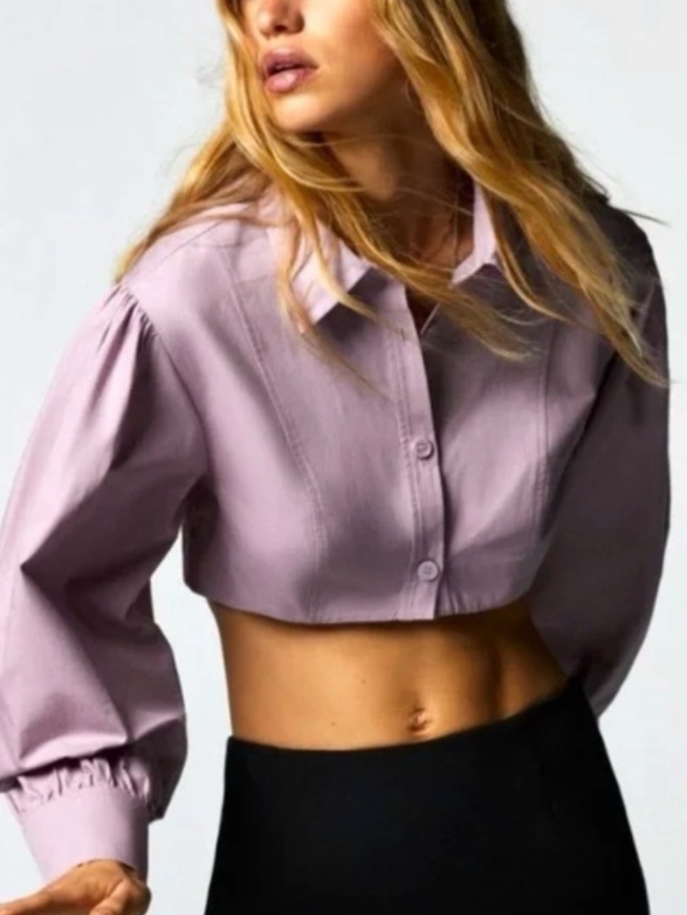 Zara 100% Cotton Cropped Button-Front Shirt - Lilac